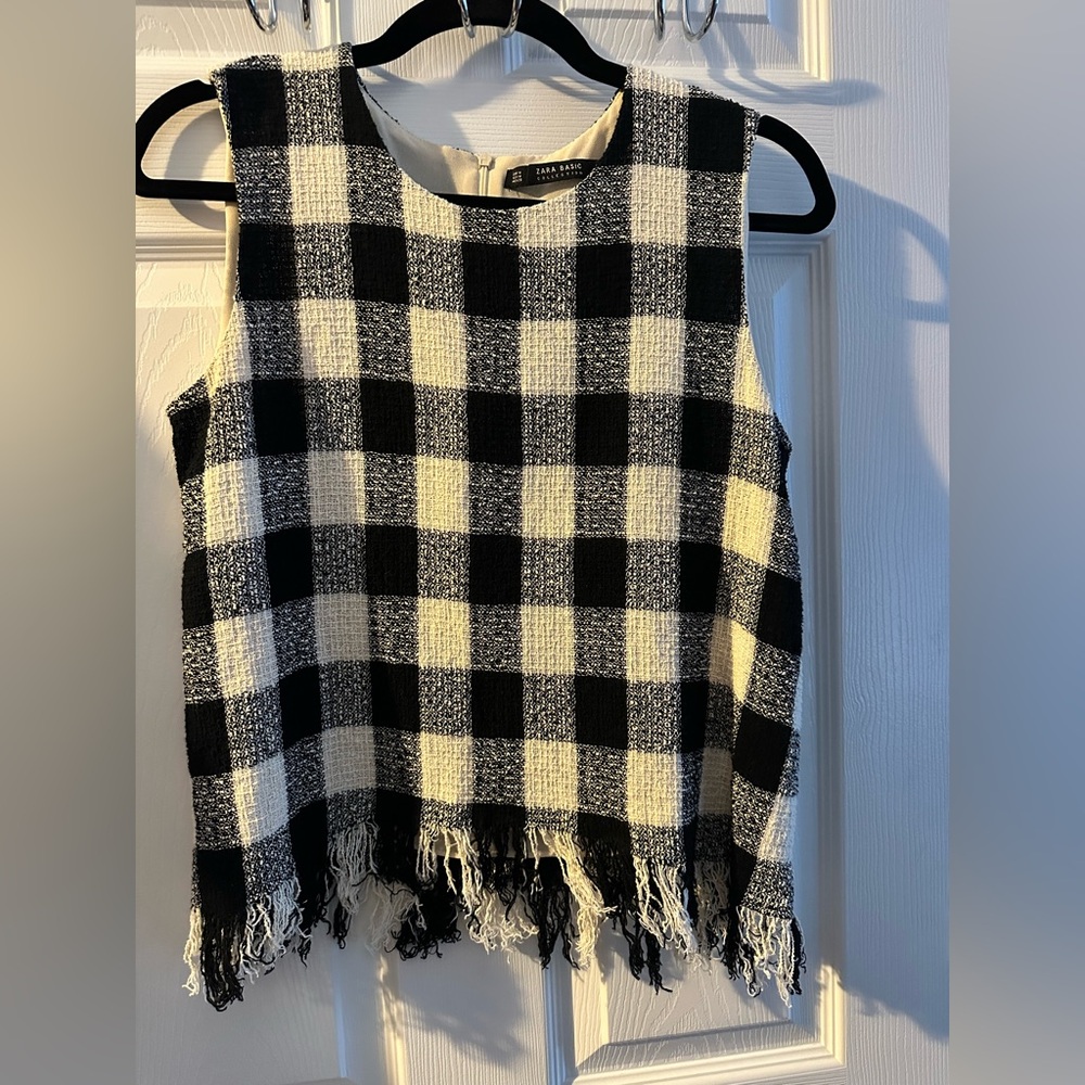 ZARA basic plaid checkered black white ivory top tank M